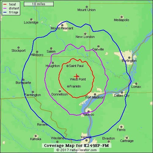 Coverage Map for K249EP-FM — West Point Iowa